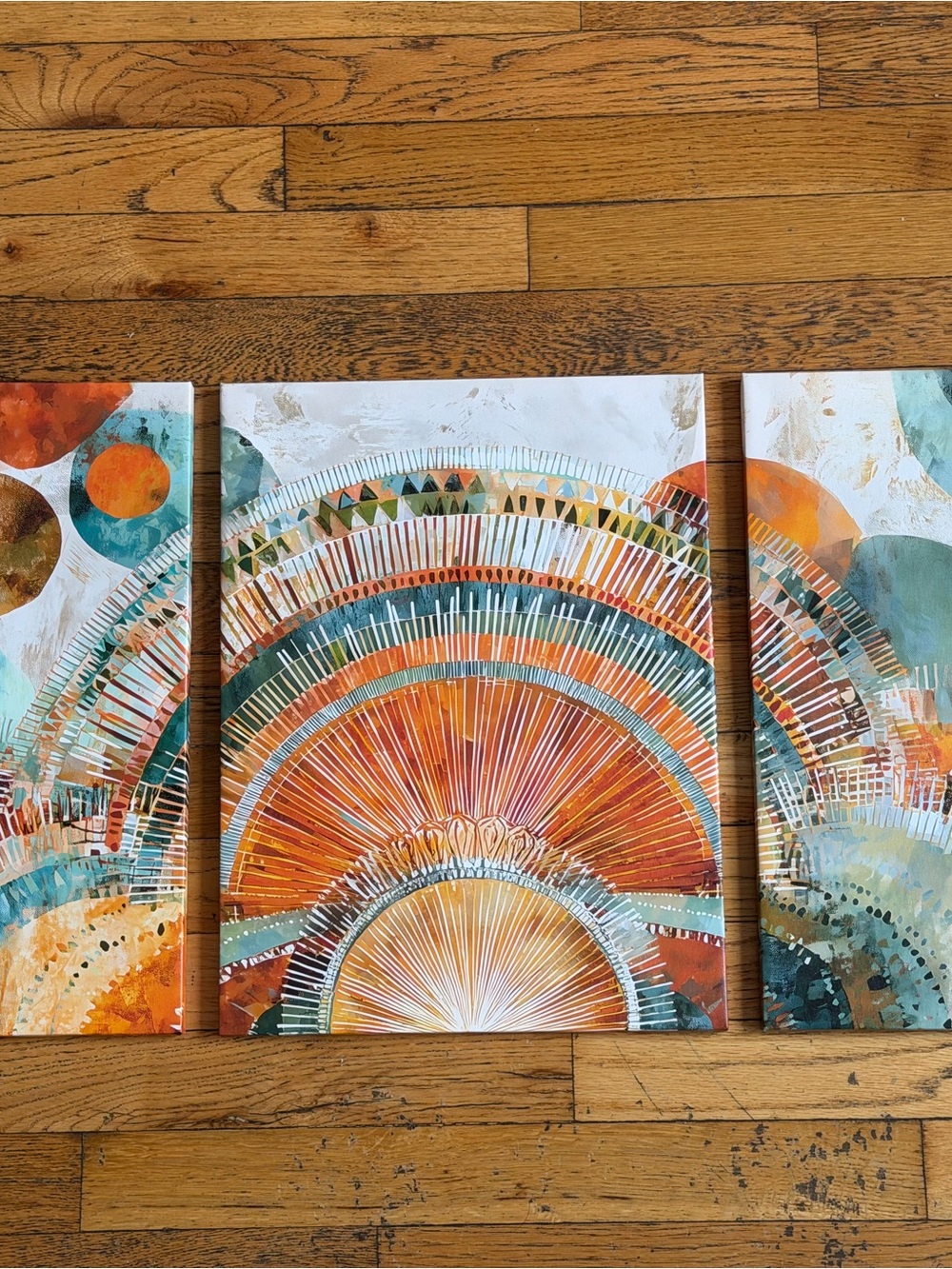 Abstract Sunburst Triptych Canvas Print Art - Orange Teal Accents Originally $43